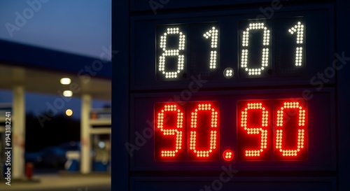 Bright digital display of gasoline costs featuring red and white numerical indicators at an evening fuel station setting.