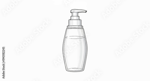 A clear liquid dispense bottle with a pump top is illustrated