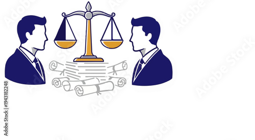 Two businessmen consult with legal documents and a scales of justice