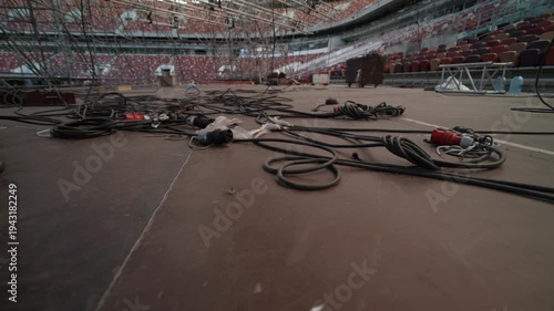 The process of building a concert venue at the stadium. Concert stage at the stadium before the concert