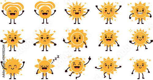 Cute cartoon sun characters collection with funny smiling sunshine mascots summer weather vector illustration set