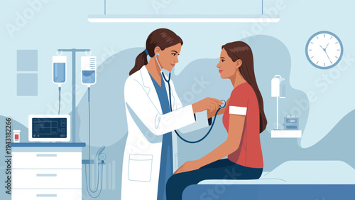 A female physician uses a stethoscope to examine a patients chest during a routine medical examination appointment