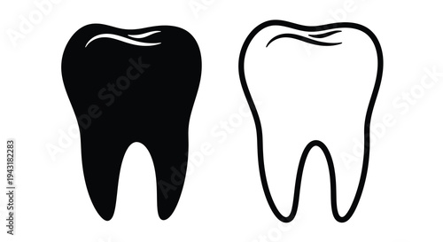 Two tooth illustrations one solid and one outlined a stark silhouette