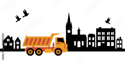 An orange construction dump truck driving past a silhouette of a town with a church and flying birds Vector