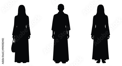 Three women in traditional attire stand side by side a striking silhouette