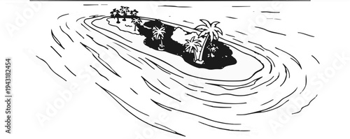 A black and white drawing of a small tropical island with palm trees surrounded by swirling water