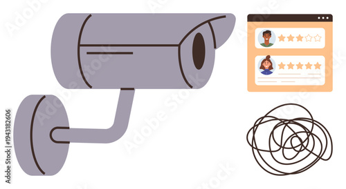 Data security, surveillance, feedback analysis, online reviews, privacy concerns, digital evaluation. Security camera, profile reviews tangled lines. Surveillance and feedback analysis concept