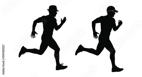 Two runners in dynamic poses are shown as a stark silhouette