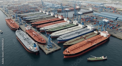 Aerial view of several large oil tankers and cargo ships docked at a busy industrial port with blue cranes.