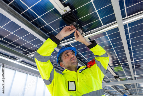 Solar Technician Connecting Inverter Under Solar Panels