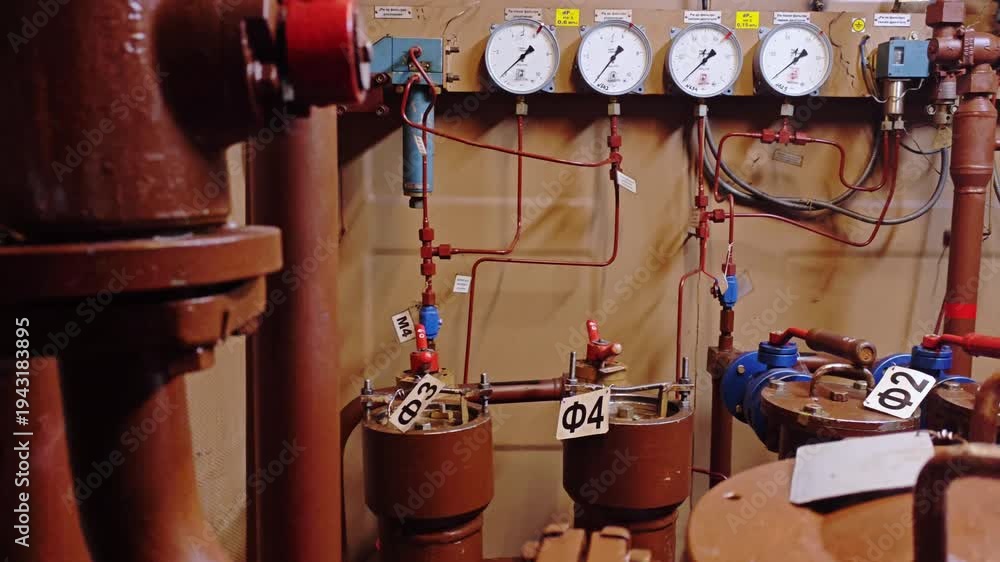 Valve Control Room Wide mechanical room scene with redhandled valves, multiple pressure ...