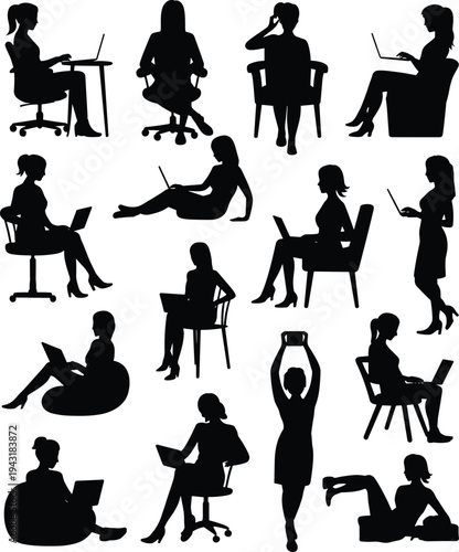 Business Women Working With Laptop Silhouette Collection Showing Different Sitting Poses Professional Female Office Workers Using Computer Vector Illustration Set