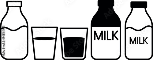Milk bottles and glasses vector illustration, flat design, dairy products