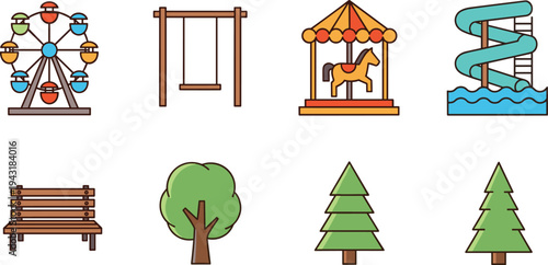Amusement park and playground icons set, ferris wheel swing carousel water slide bench and trees, outdoor recreation park elements vector illustration