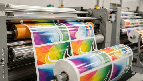 Medium shot showing vibrant multicolor gravure printing on flexible film rolls capturing precision and detail in graphics for premium bag packaging.