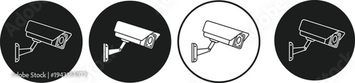 CCTV security camera circle icon set, surveillance monitoring symbol collection, protection technology sign, black and white round badge camera illustration