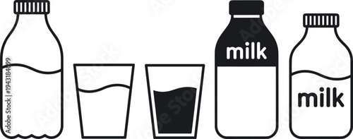 Milk bottles and glasses vector illustration, flat design, dairy products