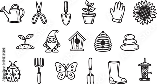 Gardening tools and icons for planting flowers and trees