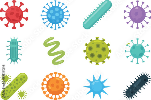 Set of colorful cartoon bacteria and virus icons isolated on white background