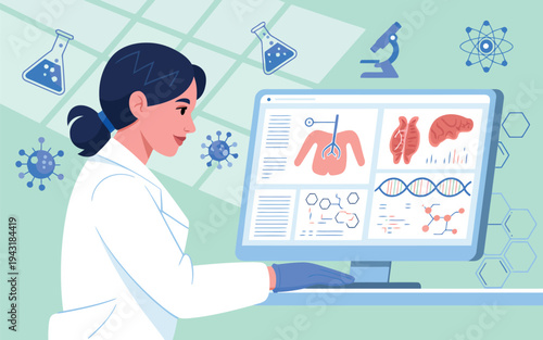 A female scientist in a lab coat and glasses examining human kidneys and DNA on a large monitor