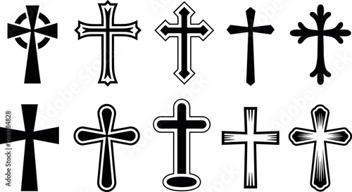 Set of various cross symbols in black and white vector illustration, flat design