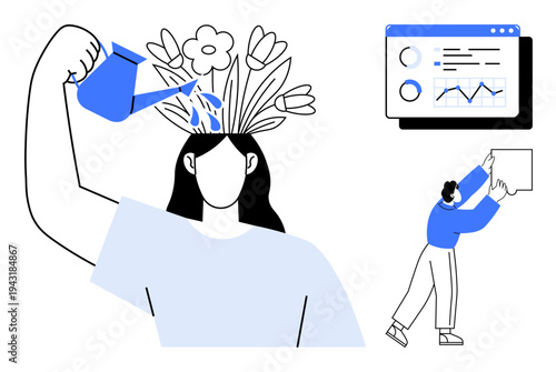Personal growth concept. Personal growth illustrated with self-care activities and creativity. Personal growth tied to productivity, innovation, and data-driven progress. For mental health, personal