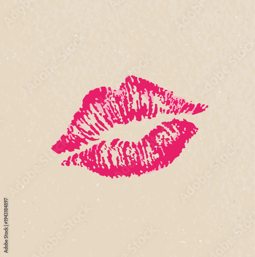 Bold Lipstick Kiss Mark Stamp Hand Drawn Romantic Valentine Illustration. Bold pink lipstick kiss stamp illustration in a naive hand-drawn style on a warm kraft paper background. Whimsical vintage rom