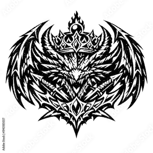 Intricate White Dragon Crest with Crown and Daggers on Black