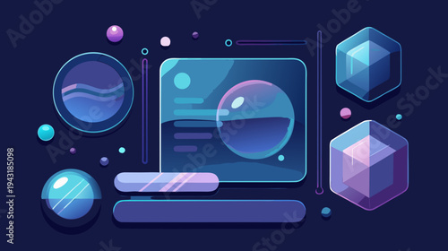 Set of frames and design UI UX elements in the style of liquid glass. Collection of translucent geometric shapes with glassy effect on a dark background. Includes rectangles, circles, and ovals. icon
