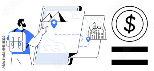 A traveler with a backpack interacts with a digital map featuring landmarks, routes, and costs. Ideal for tourism, navigation, budget planning, adventure, travel apps, exploration simple flat