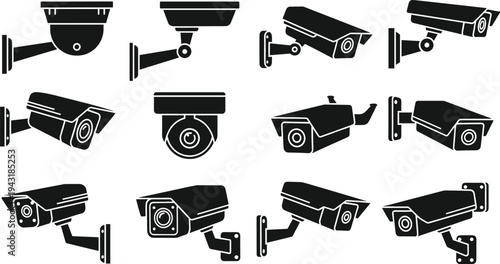 CCTV security camera icon collection, surveillance monitoring device set including dome and bullet cameras, protection technology symbols, black silhouette security illustration