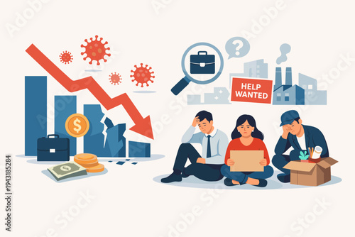 Economic Impact and Rising Unemployment Due to Coronavirus Pandemic with People Losing Jobs, Market Crash Graph, Financial Crisis, and Help Wanted Sign in Flat Vector Illustration Style