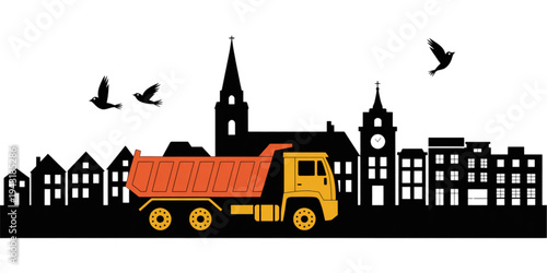 An orange dump truck driving in front of a black silhouette of a traditional european town skyline Vector