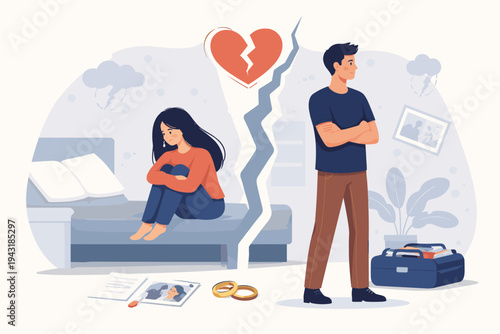 Relationship crisis and divorce concept featuring a sad woman crying on a bed and a man leaving with a suitcase, broken heart symbol, wedding rings on the floor, flat vector illustration.