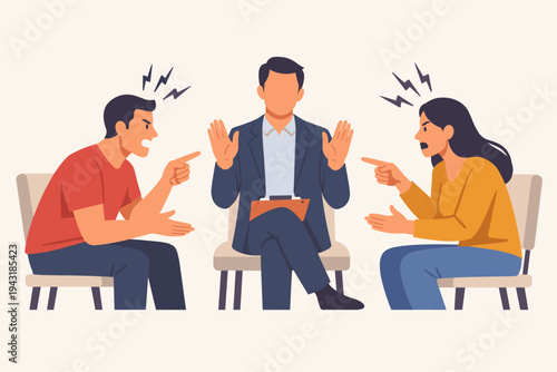 Vector illustration of a man and a woman in a heated argument during a therapy session with a professional counselor or mediator trying to calm them down and resolve their relationship conflict.