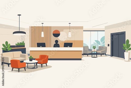 Modern Hotel Lobby and Office Reception Area Illustration in Flat Vector Style Featuring a Minimalist Front Desk, Comfortable Lounge Seating, Elevator, Large Windows, and Potted Indoor Plants