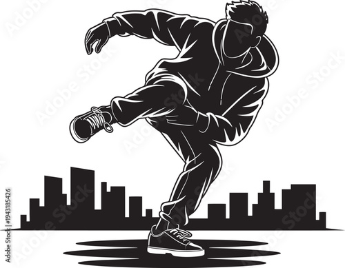 Bboy breakdancing on urban city background performing powerful street dance move in hoodie