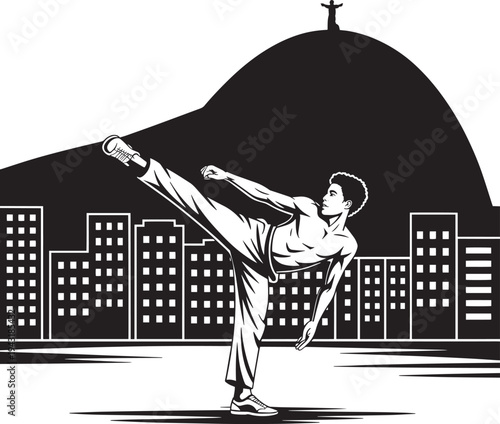 Athletic man practicing capoeira martial arts kick in front of Rio de Janeiro city skyline