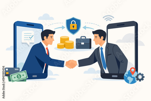 Two professional businessmen shaking hands through smartphone screens for a secure online deal, digital transaction, global business partnership, and mobile banking technology vector illustration