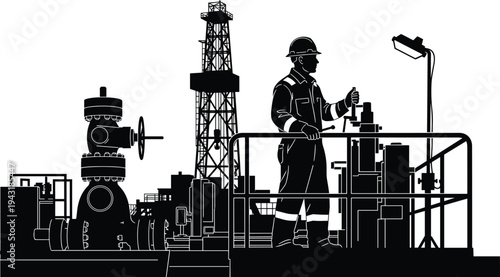 Oil industry worker operating drilling equipment silhouette illustration with oil rig and industrial machinery, petroleum energy production concept isolated on white background vector