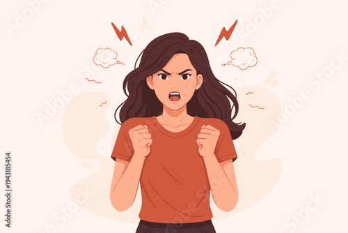 Angry Woman Feeling Frustrated and Furious Shouting with Clenched Fists, Expressive Flat Vector Illustration of Female Character Experiencing Rage, Stress, and Aggression in a Simple Style
