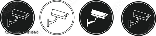 CCTV security camera circle icons set, surveillance monitoring symbol collection, protection technology sign, black and outline round badge camera illustration design