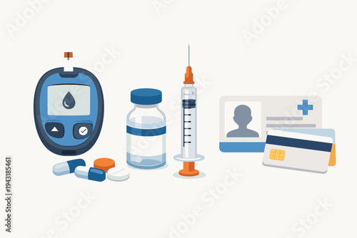 Simple flat vector illustration of diabetes management tools including a blood glucose meter, insulin vial, syringe, medical pills, patient ID card, and health insurance cards for healthcare.