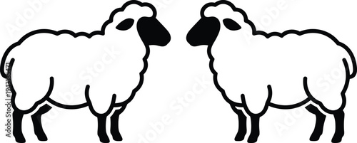 Two fluffy sheep standing face to face isolated on a white background, minimalist black and white farm animal vector icon.