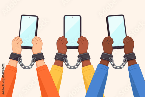 Vector Illustration of Children's Hands of Different Skin Tones Chained to Smartphones, Representing Digital Addiction, Social Media Slavery, and the Impact of Technology on Youth Development.
