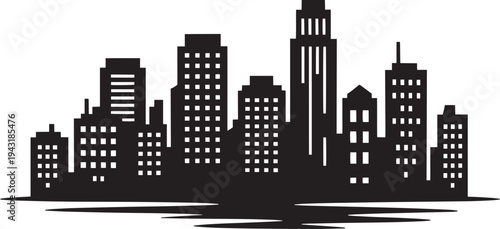 Black silhouette of modern city skyline with tall buildings and windows