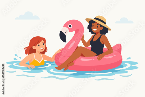 Flat Vector Illustration of Two Diverse Young Women Enjoying a Summer Vacation in the Water with a Pink Flamingo Pool Float, Friends Swimming and Relaxing Together on a Sunny Tropical Holiday Trip