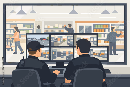 Two professional security guards in uniform monitoring multiple surveillance camera screens in a control room, watching over a supermarket store with shoppers and aisles through a glass window.