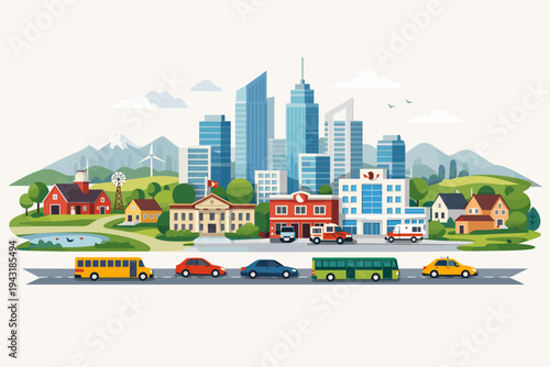 Vibrant vector of an urban cityscape and rural area with modern skyscrapers, houses, hospital, fire department, school bus, cars, ambulance, farm, and windmill against a scenic mountain backdrop.