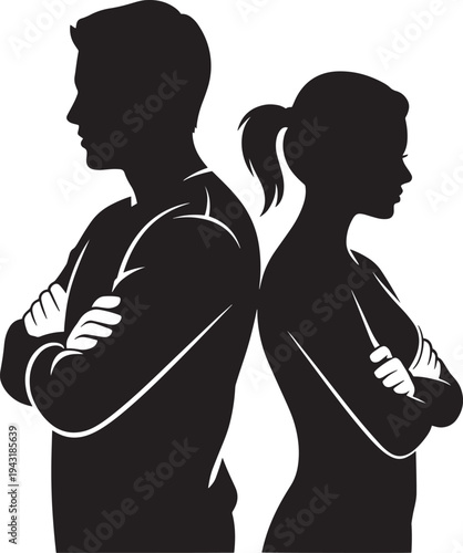 Couple facing away from each other with arms crossed, relationship conflict silhouette